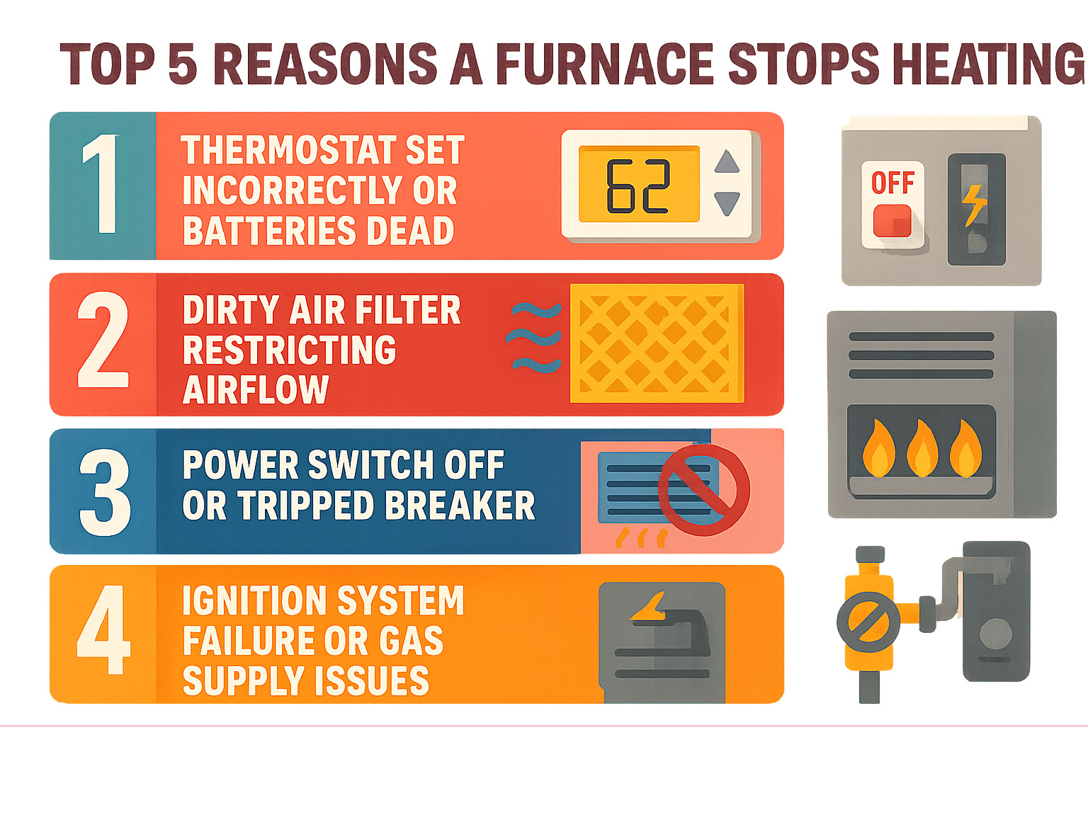 Top 5 reasons a furnace stops heating: 1. Thermostat set incorrectly or batteries dead, 2. Dirty air filter restricting airflow, 3. Power switch off or tripped breaker, 4. Blocked vents preventing heat distribution, 5. Ignition system failure or gas supply issues - furnace not heating house infographic Top 5 reasons a furnace stops heating: 1. Thermostat set incorrectly or batteries dead, 2. Dirty air filter restricting airflow, 3. Power switch off or tripped breaker, 4. Blocked vents preventing heat distribution, 5. Ignition system failure or gas supply issues - furnace not heating house infographic