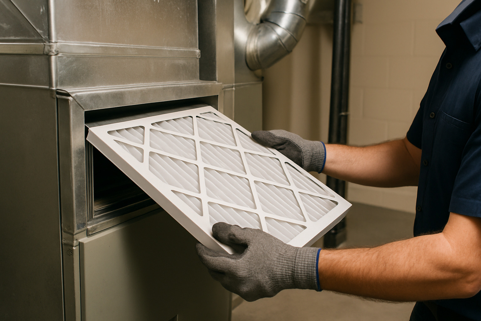 closeup of technician changing a residential HVAC filter - iaq issues closeup of technician changing a residential HVAC filter - iaq issues