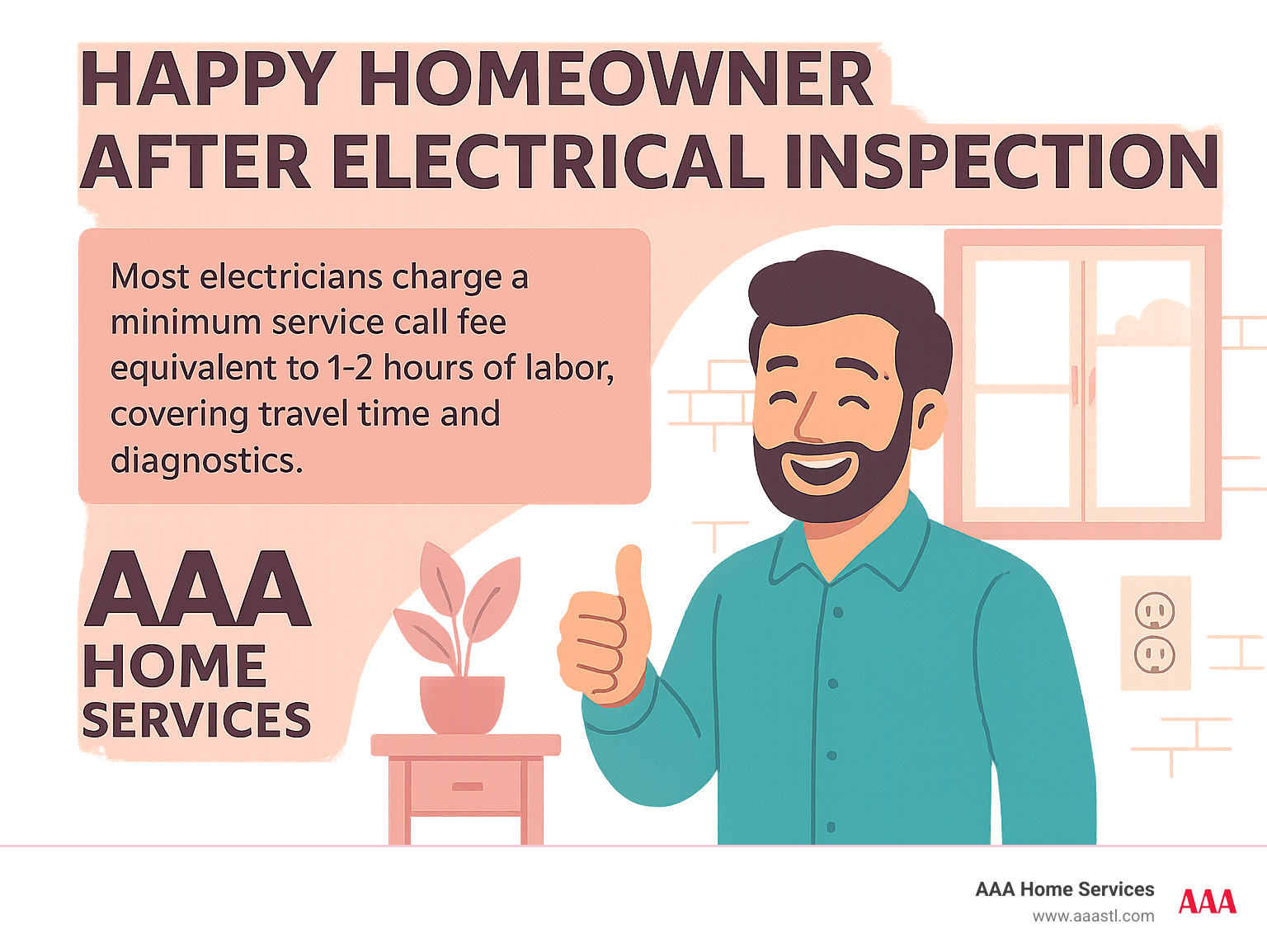 Happy homeowner after electrical inspection - electrician cost per hour infographic Happy homeowner after electrical inspection - electrician cost per hour infographic