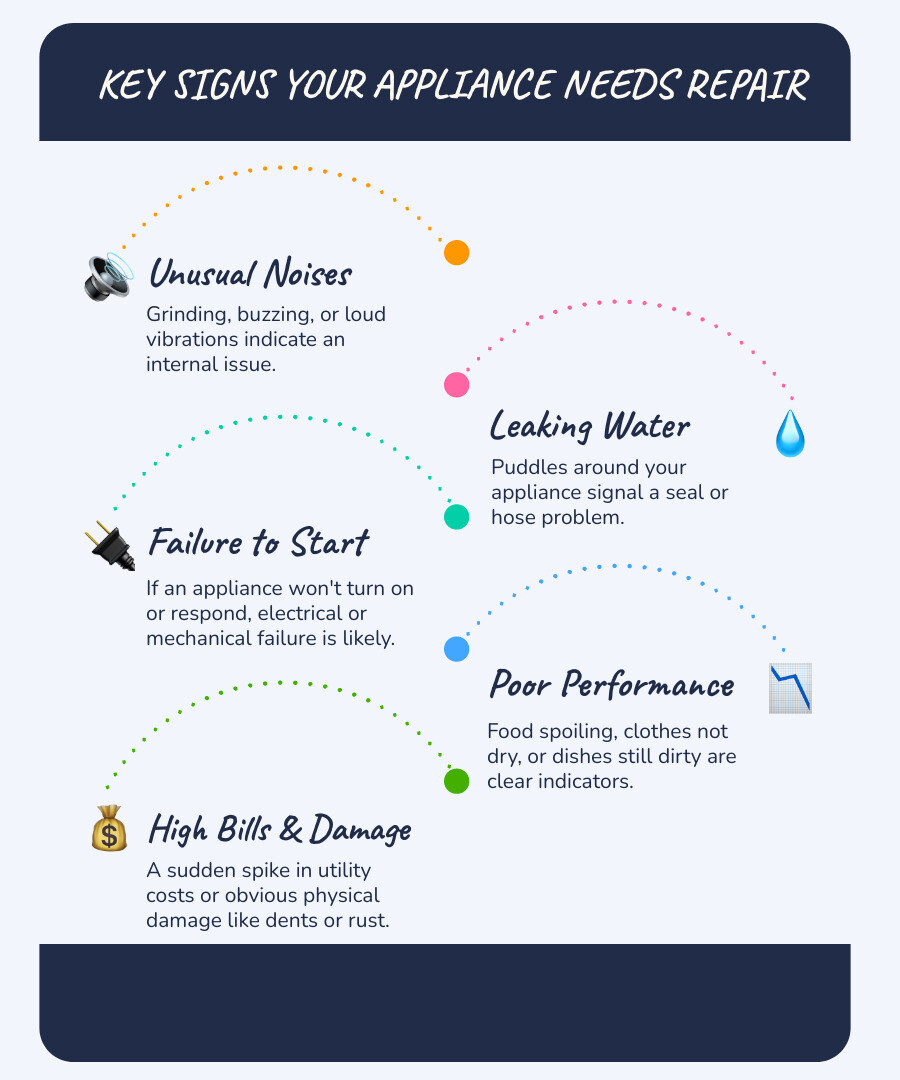 Infographic showing key signs your appliance needs professional repair: unusual noises, leaking water, failure to start, poor performance, increased energy bills, and visible damage - appliance service infographic infographic-line-5-steps-blues-accent_colors Infographic showing key signs your appliance needs professional repair: unusual noises, leaking water, failure to start, poor performance, increased energy bills, and visible damage - appliance service infographic infographic-line-5-steps-blues-accent_colors