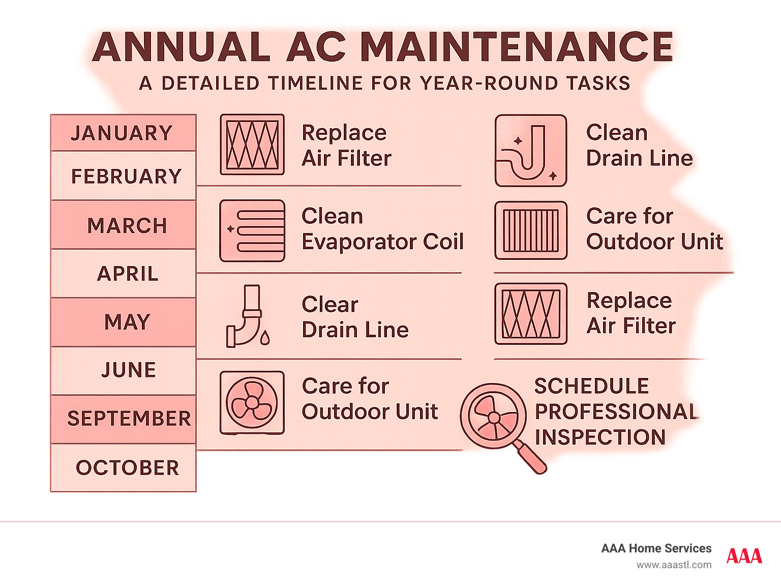 Detailed annual AC maintenance timeline showing monthly tasks including filter replacement, coil cleaning, drain line maintenance, outdoor unit care, and professional inspection recommendations - ac servicing at home infographic Detailed annual AC maintenance timeline showing monthly tasks including filter replacement, coil cleaning, drain line maintenance, outdoor unit care, and professional inspection recommendations - ac servicing at home infographic