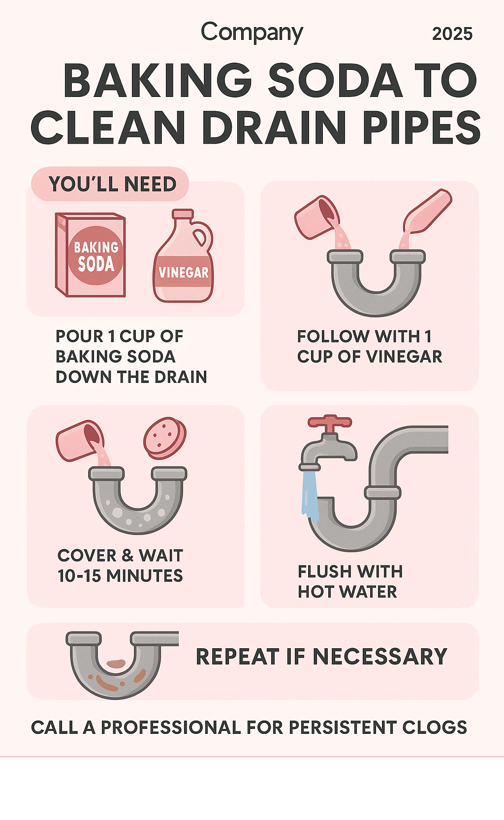 Infographic showing step-by-step process of using baking soda and vinegar to clean residential drain pipes, including materials needed, timing, and when to call a professional plumber - baking soda to clean drain pipes infographic Infographic showing step-by-step process of using baking soda and vinegar to clean residential drain pipes, including materials needed, timing, and when to call a professional plumber - baking soda to clean drain pipes infographic