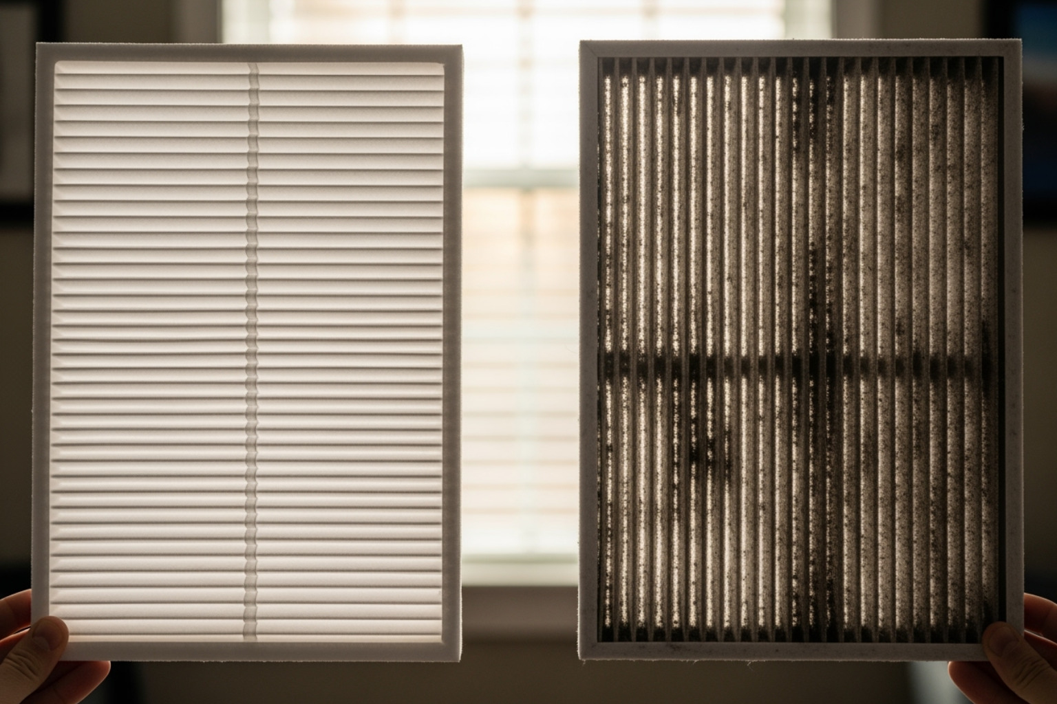 A clean, new air filter being held next to a dirty, clogged one - heating and cooling companies in my area A clean, new air filter being held next to a dirty, clogged one - heating and cooling companies in my area