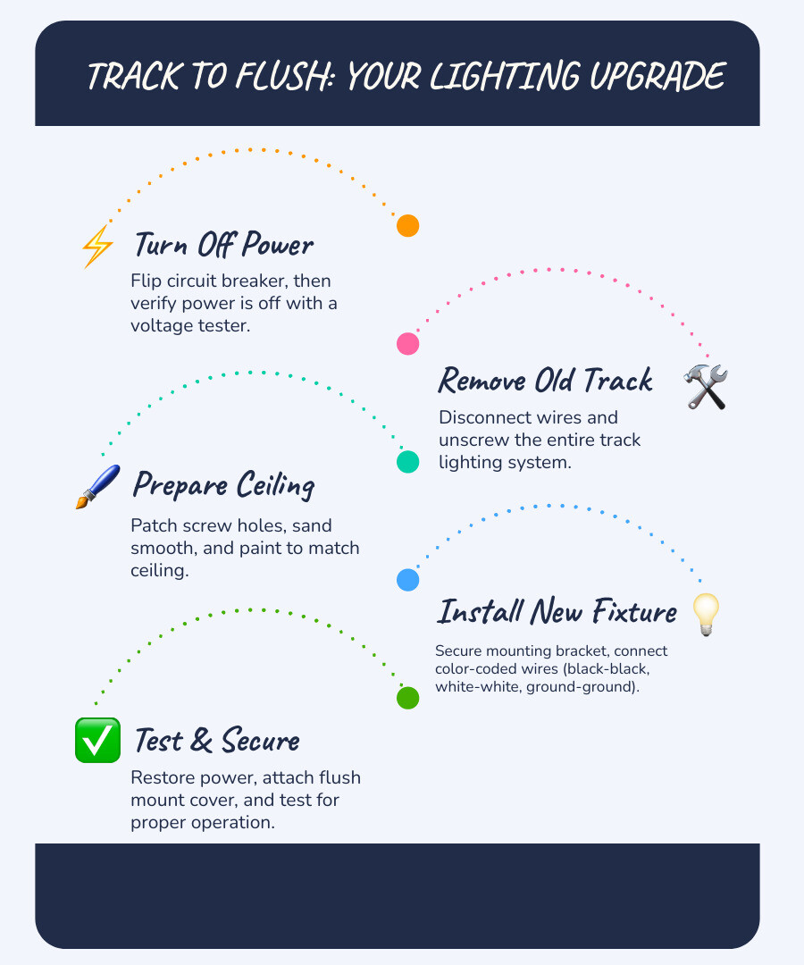 Step-by-step process for replacing track lighting with flush mount: 1. Turn off power and test with voltage tester, 2. Remove old track system and disconnect wires, 3. Patch and prepare ceiling surface, 4. Install mounting bracket and connect new fixture wires, 5. Secure flush mount and test operation - replacing track lighting with flush mount infographic infographic-line-5-steps-blues-accent_colors Step-by-step process for replacing track lighting with flush mount: 1. Turn off power and test with voltage tester, 2. Remove old track system and disconnect wires, 3. Patch and prepare ceiling surface, 4. Install mounting bracket and connect new fixture wires, 5. Secure flush mount and test operation - replacing track lighting with flush mount infographic infographic-line-5-steps-blues-accent_colors