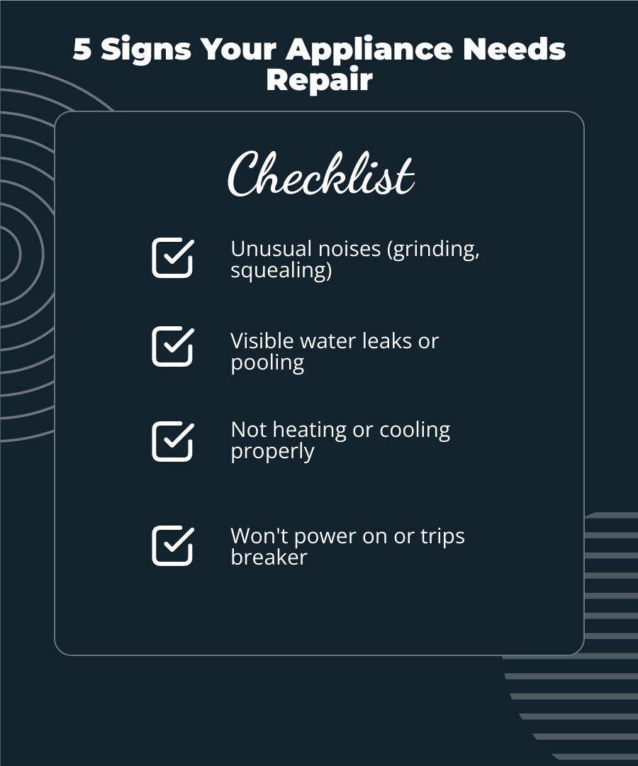 Infographic showing top 5 signs your appliance needs professional repair: unusual noises like grinding or squealing, visible water leaks or pooling, failure to heat or cool properly, appliance won't power on or trips breaker, and error codes or warning lights - Home Appliance Repair Near Me infographic checklist-dark-blue Infographic showing top 5 signs your appliance needs professional repair: unusual noises like grinding or squealing, visible water leaks or pooling, failure to heat or cool properly, appliance won't power on or trips breaker, and error codes or warning lights - Home Appliance Repair Near Me infographic checklist-dark-blue