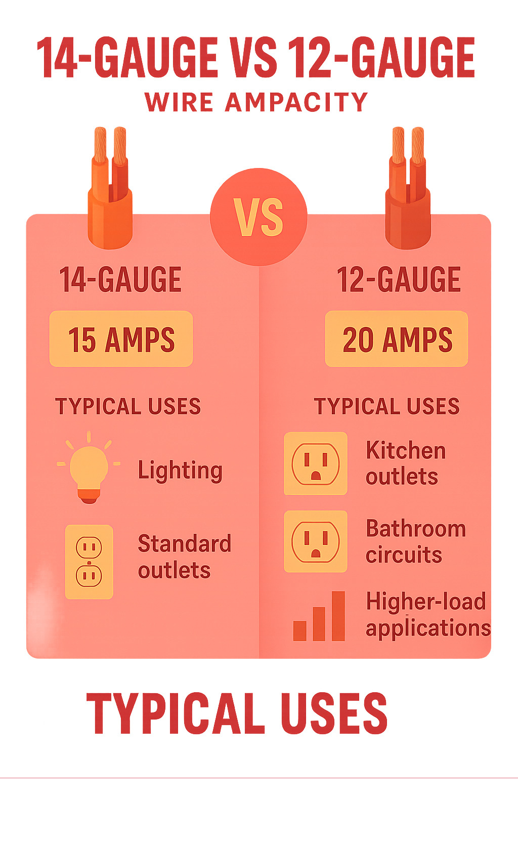 Comparison infographic showing 14-gauge vs 12-gauge wire ampacity, with 14-gauge rated for 15 amps and typical uses (lighting, standard outlets) versus 12-gauge rated for 20 amps and typical uses (kitchen outlets, bathroom circuits, higher-load applications) - electrical house wiring infographic Comparison infographic showing 14-gauge vs 12-gauge wire ampacity, with 14-gauge rated for 15 amps and typical uses (lighting, standard outlets) versus 12-gauge rated for 20 amps and typical uses (kitchen outlets, bathroom circuits, higher-load applications) - electrical house wiring infographic