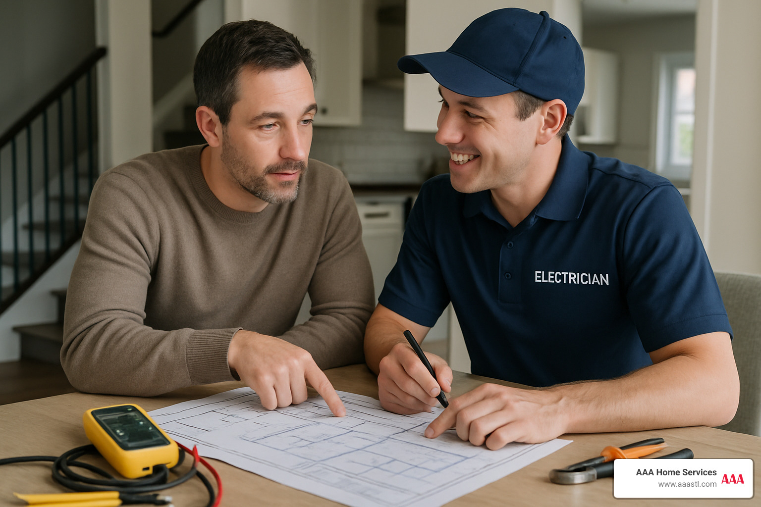 homeowner discussing electrical project with technician - electrician cost per hour homeowner discussing electrical project with technician - electrician cost per hour