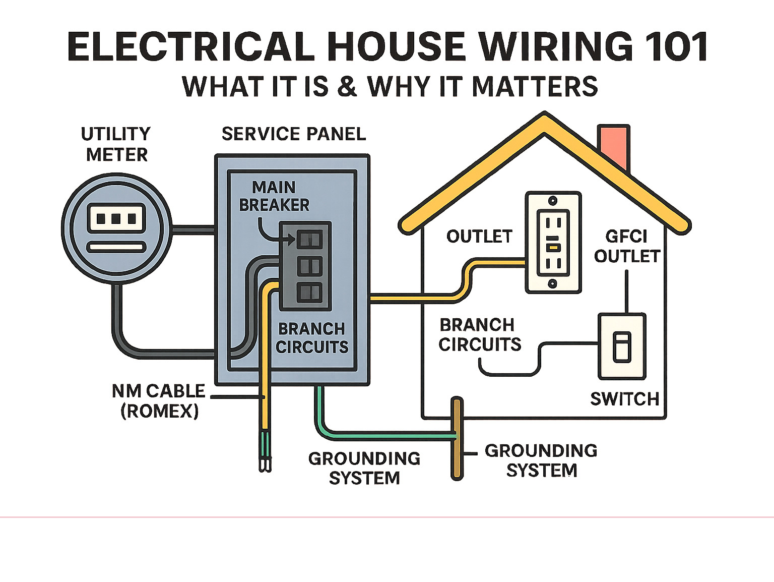 Detailed infographic showing electrical power flow from utility meter through service panel to individual circuits, outlets and switches throughout a home, with labeled components including main breaker, branch circuits, GFCI outlets, and grounding system - electrical house wiring infographic Detailed infographic showing electrical power flow from utility meter through service panel to individual circuits, outlets and switches throughout a home, with labeled components including main breaker, branch circuits, GFCI outlets, and grounding system - electrical house wiring infographic