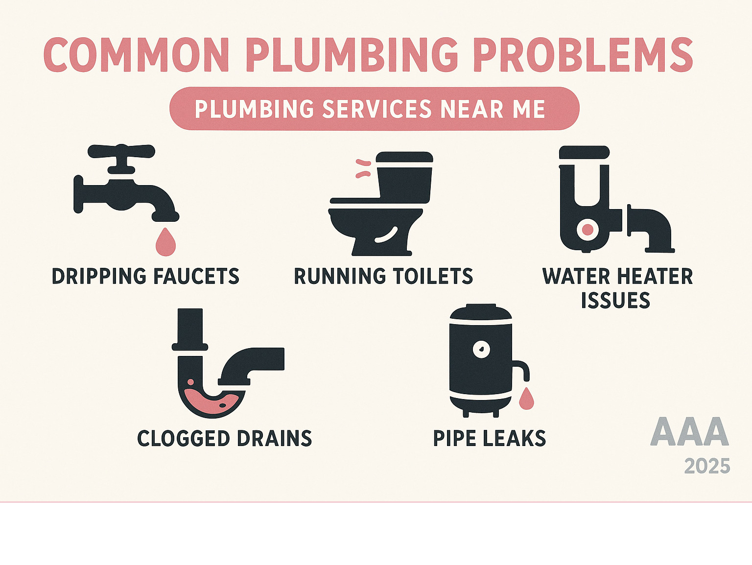 Comprehensive guide showing the most common residential plumbing problems including dripping faucets, running toilets, clogged drains, water heater issues, and pipe leaks with simple icons and brief descriptions - plumbing services near me infographic Comprehensive guide showing the most common residential plumbing problems including dripping faucets, running toilets, clogged drains, water heater issues, and pipe leaks with simple icons and brief descriptions - plumbing services near me infographic