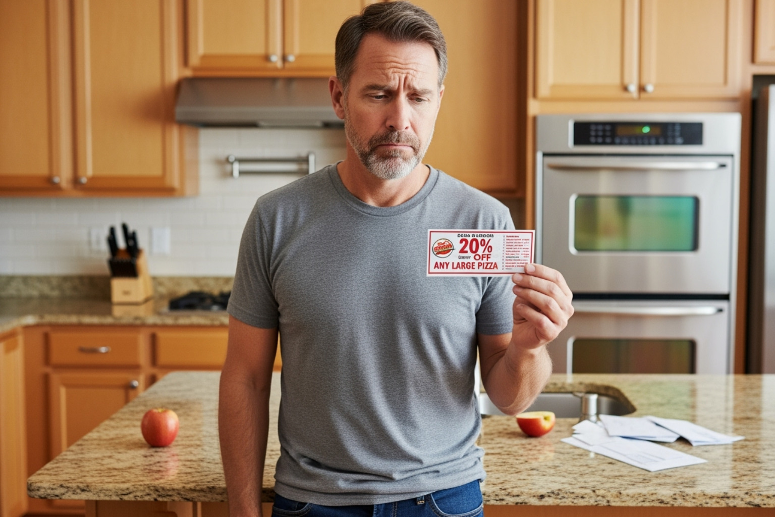 homeowner looking skeptically at a coupon - furnace tune up specials homeowner looking skeptically at a coupon - furnace tune up specials