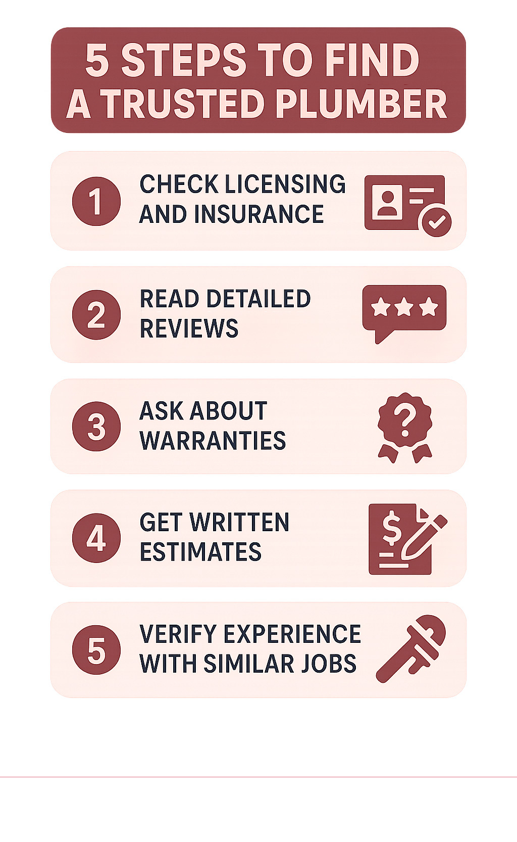 Infographic showing 5 steps to find a trusted plumber: 1. Check licensing and insurance 2. Read detailed reviews 3. Ask about warranties 4. Get written estimates 5. Verify experience with similar jobs - plumbers near me reviews infographic Infographic showing 5 steps to find a trusted plumber: 1. Check licensing and insurance 2. Read detailed reviews 3. Ask about warranties 4. Get written estimates 5. Verify experience with similar jobs - plumbers near me reviews infographic
