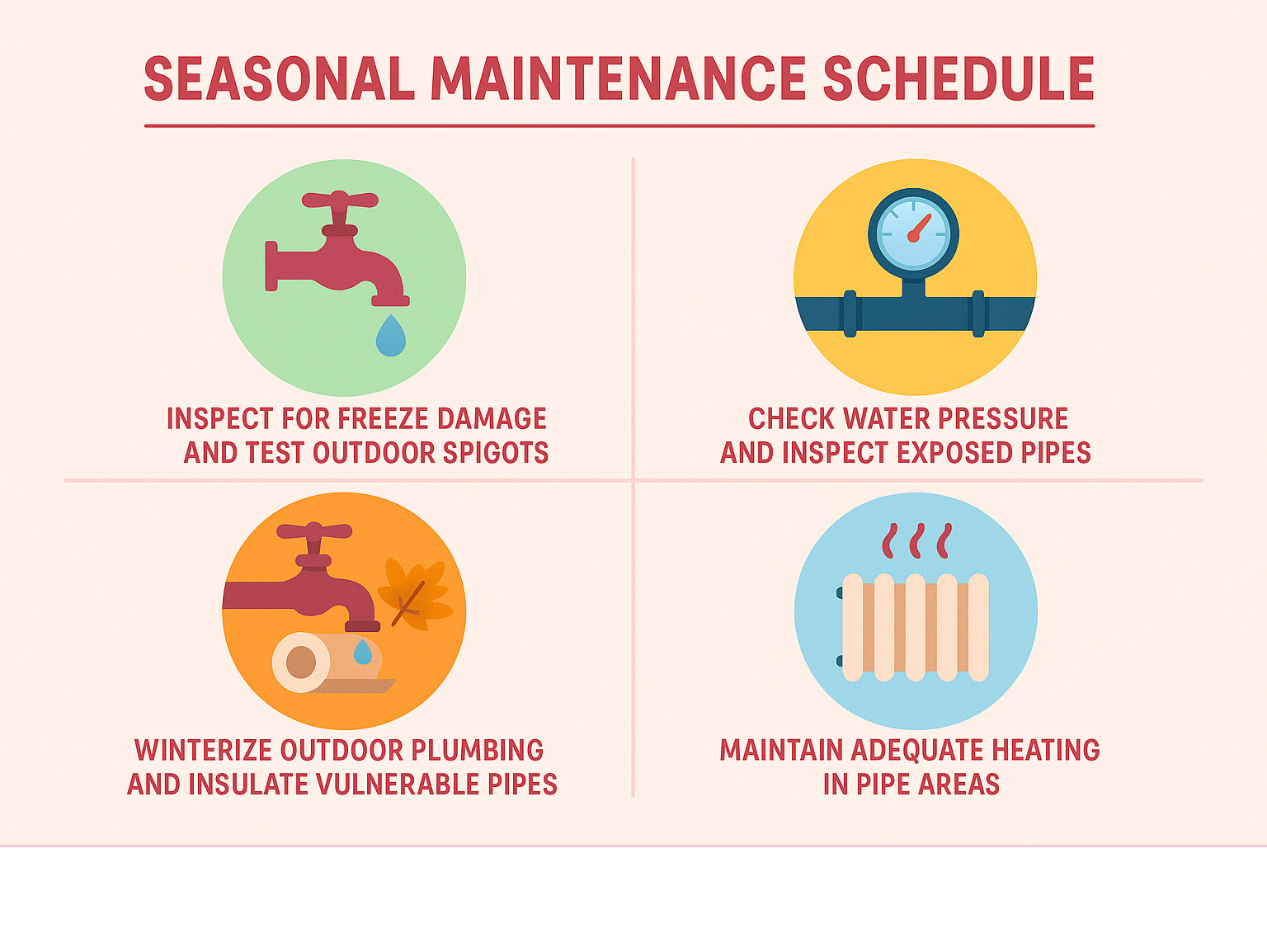 Infographic showing seasonal maintenance schedule: Spring - inspect for freeze damage and test outdoor spigots; Summer - check water pressure and inspect exposed pipes; Fall - winterize outdoor plumbing and insulate vulnerable pipes; Winter - maintain adequate heating in pipe areas - leaky pipes infographic Infographic showing seasonal maintenance schedule: Spring - inspect for freeze damage and test outdoor spigots; Summer - check water pressure and inspect exposed pipes; Fall - winterize outdoor plumbing and insulate vulnerable pipes; Winter - maintain adequate heating in pipe areas - leaky pipes infographic