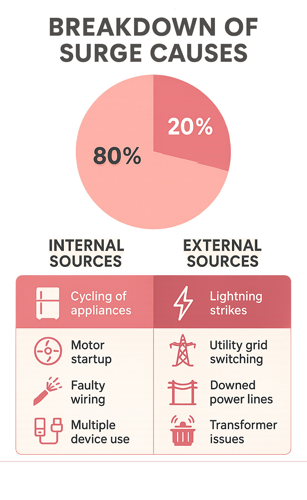 Infographic showing the percentage breakdown of surge causes: 80% internal sources vs 20% external sources, with examples of each type - whole home surge protector infographic Infographic showing the percentage breakdown of surge causes: 80% internal sources vs 20% external sources, with examples of each type - whole home surge protector infographic