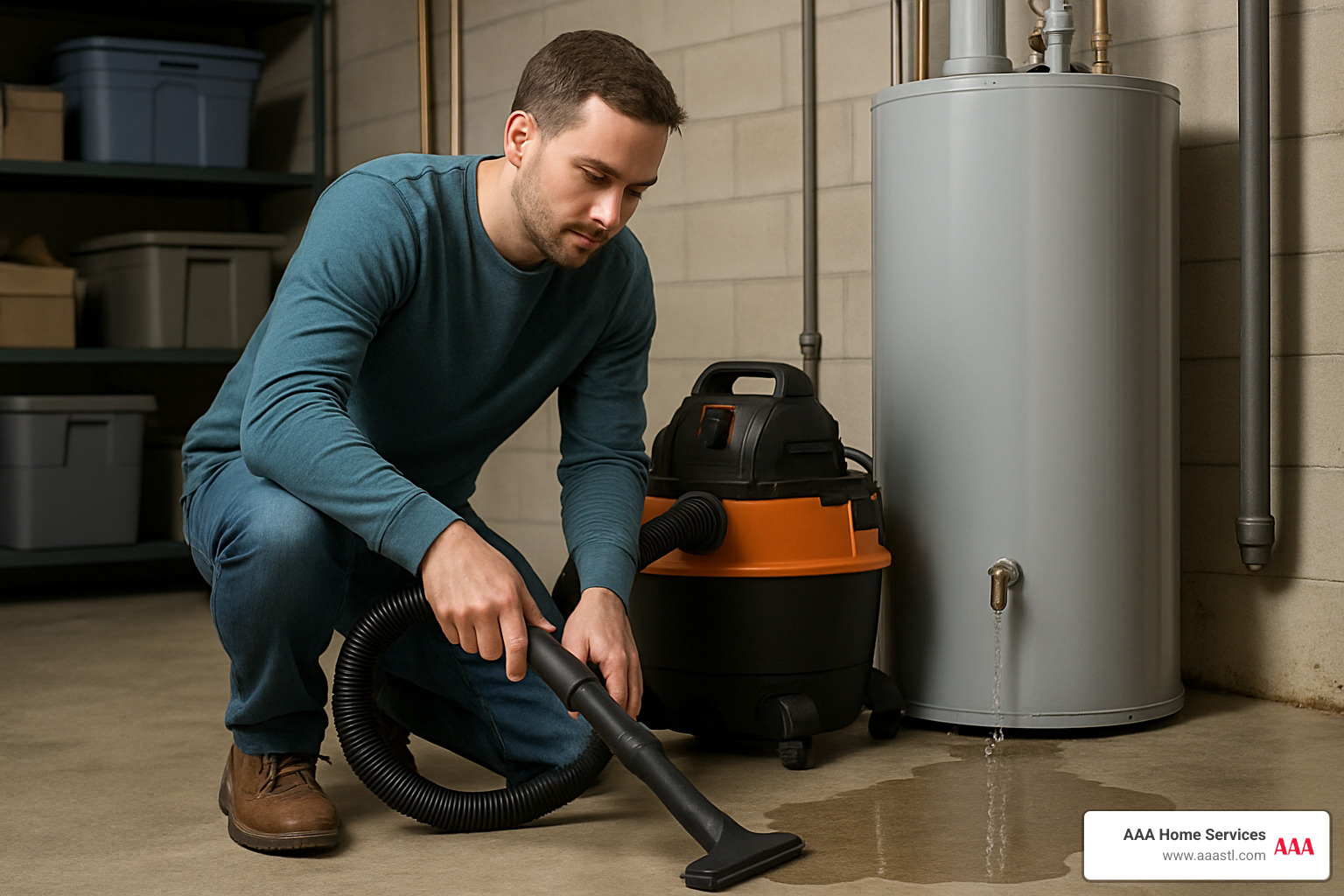 homeowner using wet vacuum to clean up water heater leak - broken water heater homeowner using wet vacuum to clean up water heater leak - broken water heater