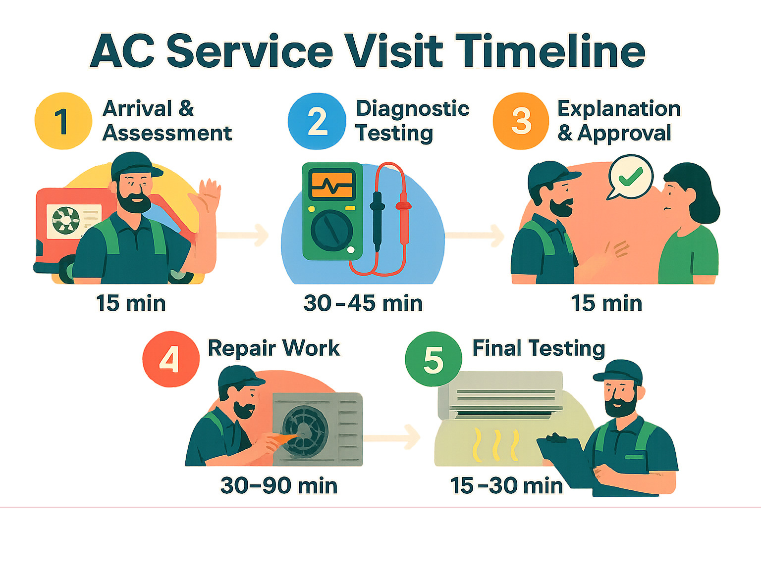 AC Service Visit Timeline showing: 1. Arrival & Assessment (15 min), 2. Diagnostic Testing (30-45 min), 3. Explanation & Approval (15 min), 4. Repair Work (30-90 min), 5. Final Testing (15-30 min) - ac unit fix infographic AC Service Visit Timeline showing: 1. Arrival & Assessment (15 min), 2. Diagnostic Testing (30-45 min), 3. Explanation & Approval (15 min), 4. Repair Work (30-90 min), 5. Final Testing (15-30 min) - ac unit fix infographic