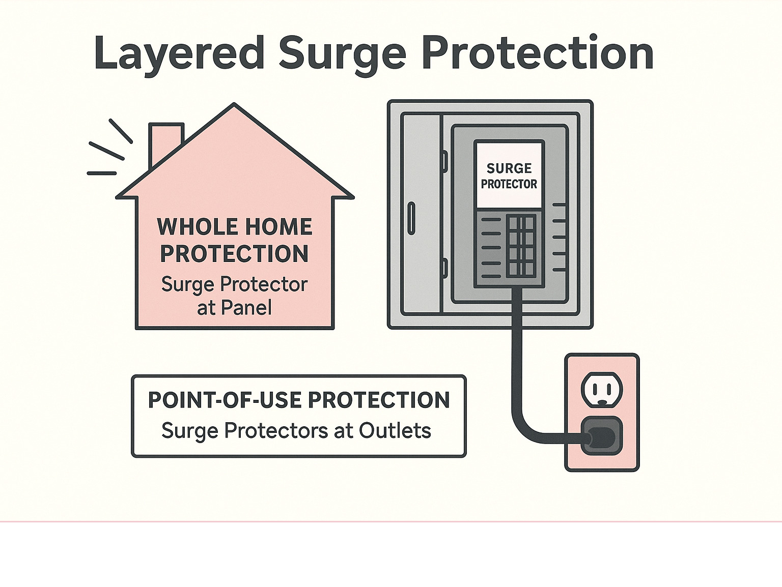 Layered surge protection diagram showing whole home protection at the panel and point-of-use protection at outlets - whole home surge protector infographic Layered surge protection diagram showing whole home protection at the panel and point-of-use protection at outlets - whole home surge protector infographic