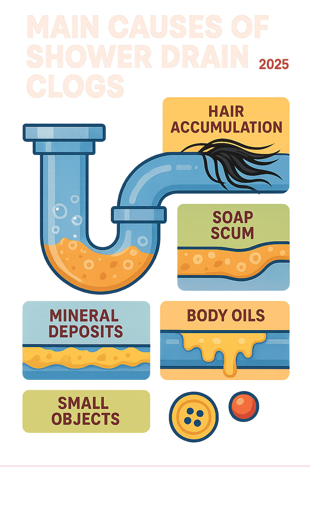 Infographic showing the main causes of shower drain clogs including hair accumulation in the P-trap, soap scum buildup on pipe walls, mineral deposits from hard water, body oils creating sticky residue, and small objects that fall down the drain - clean out shower drain infographic Infographic showing the main causes of shower drain clogs including hair accumulation in the P-trap, soap scum buildup on pipe walls, mineral deposits from hard water, body oils creating sticky residue, and small objects that fall down the drain - clean out shower drain infographic