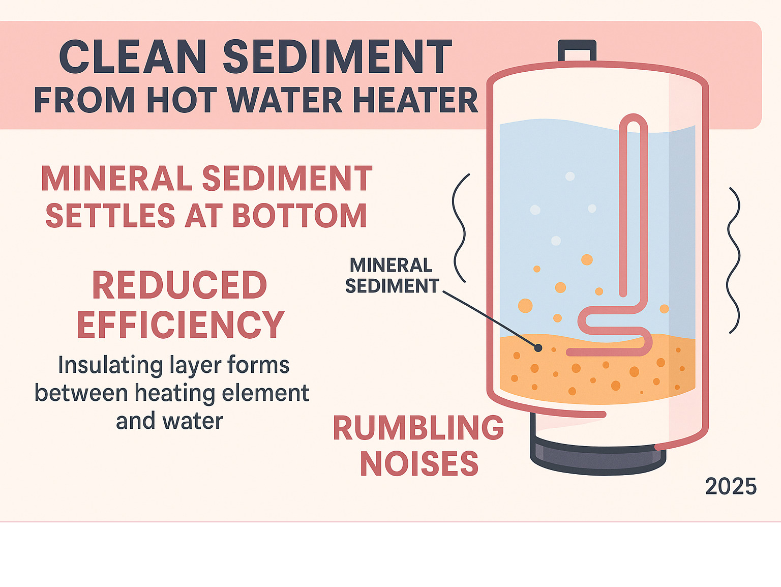 Infographic showing mineral sediment settling at the bottom of a water heater tank, creating an insulating barrier between the heating element and water, reducing efficiency and causing rumbling noises - clean sediment from hot water heater infographic Infographic showing mineral sediment settling at the bottom of a water heater tank, creating an insulating barrier between the heating element and water, reducing efficiency and causing rumbling noises - clean sediment from hot water heater infographic