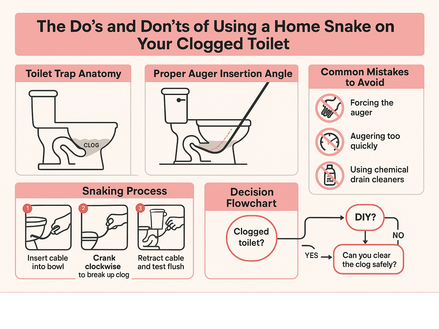 Detailed infographic showing toilet trap anatomy, proper auger insertion angle, step-by-step snaking process, common mistakes to avoid, and decision flowchart for DIY versus professional help - clogged toilet infographic Detailed infographic showing toilet trap anatomy, proper auger insertion angle, step-by-step snaking process, common mistakes to avoid, and decision flowchart for DIY versus professional help - clogged toilet infographic