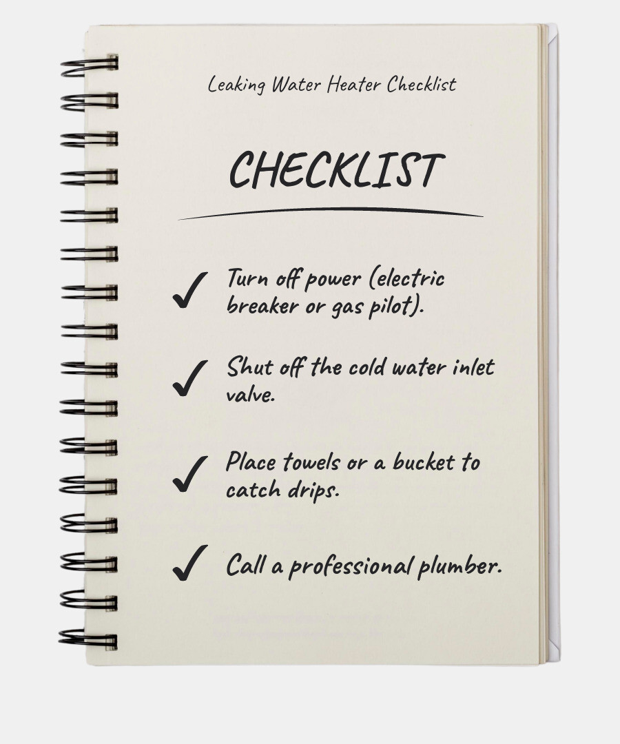 Infographic showing immediate safety checklist for a leaking water heater: Step 1 shows a hand turning off an electrical breaker with text "Turn Off Power/Gas - Flip breaker for electric or set gas to pilot"; Step 2 shows a hand turning a valve clockwise with text "Turn Off Water Supply - Close cold water inlet valve"; Step 3 shows a bucket under a dripping pipe with text "Contain the Leak - Place towels or bucket under drip"; Step 4 shows a phone with AAA logo with text "Call AAA Home Services - Professional help is available" - temporary fix for leaking hot water heater infographic checklist-notebook Infographic showing immediate safety checklist for a leaking water heater: Step 1 shows a hand turning off an electrical breaker with text "Turn Off Power/Gas - Flip breaker for electric or set gas to pilot"; Step 2 shows a hand turning a valve clockwise with text "Turn Off Water Supply - Close cold water inlet valve"; Step 3 shows a bucket under a dripping pipe with text "Contain the Leak - Place towels or bucket under drip"; Step 4 shows a phone with AAA logo with text "Call AAA Home Services - Professional help is available" - temporary fix for leaking hot water heater infographic checklist-notebook