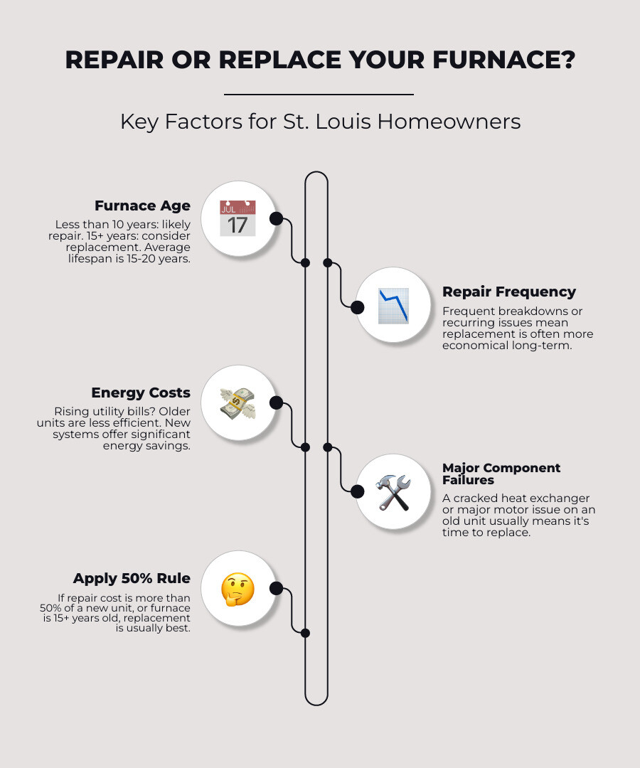 Infographic showing repair vs replace decision tree for furnaces, including age ranges, repair frequency, energy bill trends, and major component failures - american standard furnace repair infographic infographic-line-5-steps-elegant_beige Infographic showing repair vs replace decision tree for furnaces, including age ranges, repair frequency, energy bill trends, and major component failures - american standard furnace repair infographic infographic-line-5-steps-elegant_beige