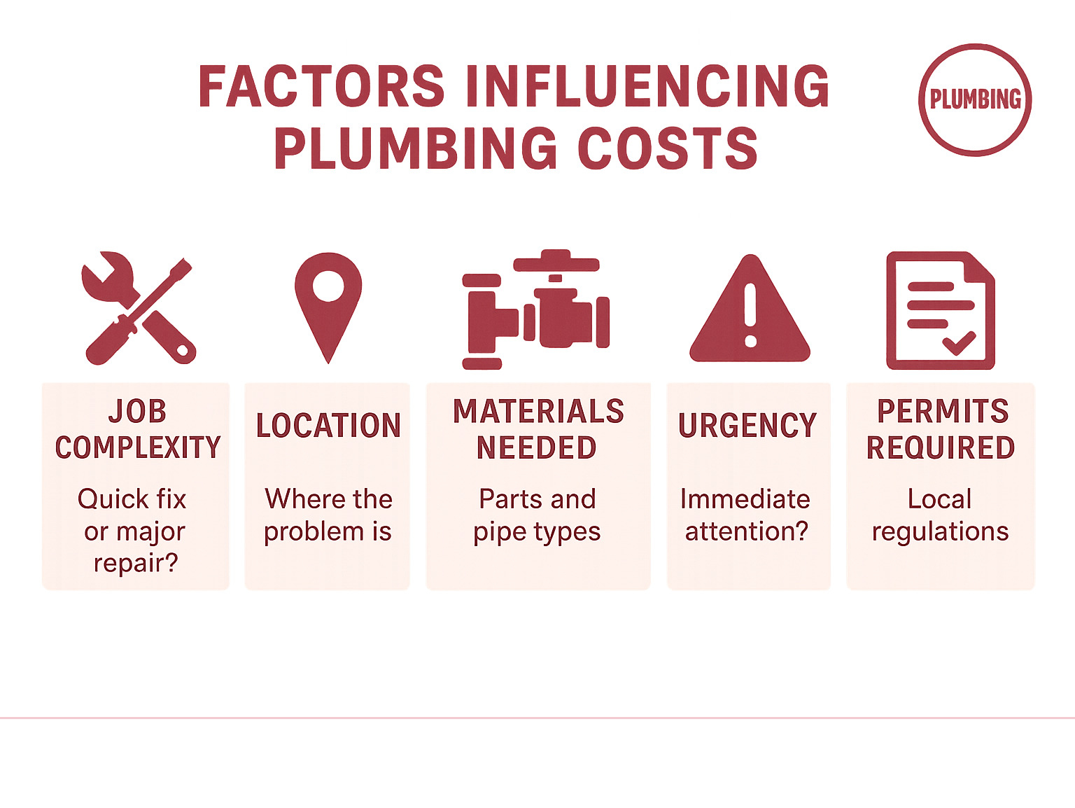 Infographic showing 5 factors influencing plumbing costs: Job Complexity, Location, Materials Needed, Urgency, Permits Required - plumbing prices list infographic Infographic showing 5 factors influencing plumbing costs: Job Complexity, Location, Materials Needed, Urgency, Permits Required - plumbing prices list infographic