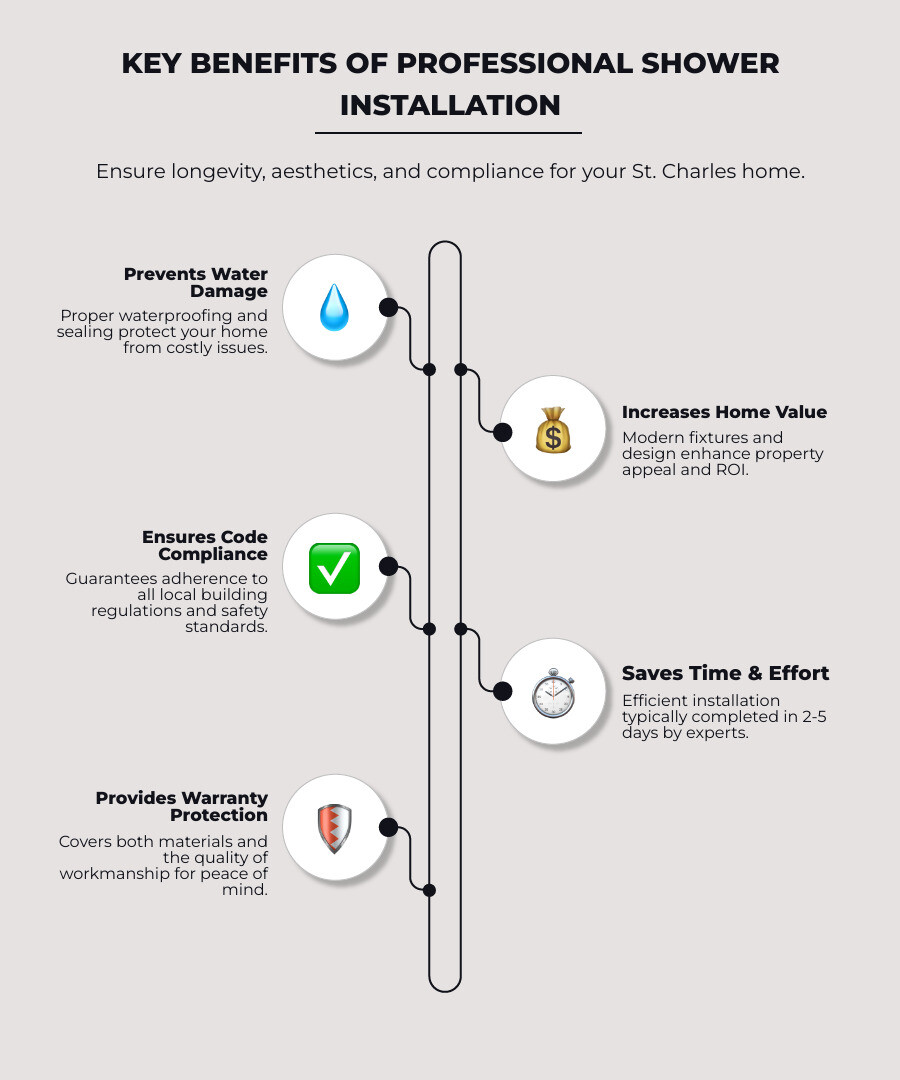 Infographic showing key benefits of professional shower installation: Prevents Water Damage through proper waterproofing and sealing, Increases Home Value with modern fixtures and design, Ensures Code Compliance with local building requirements, Saves Time with efficient 2-5 day installation, and Provides Warranty Protection on materials and workmanship - St Charles shower installation infographic infographic-line-5-steps-elegant_beige Infographic showing key benefits of professional shower installation: Prevents Water Damage through proper waterproofing and sealing, Increases Home Value with modern fixtures and design, Ensures Code Compliance with local building requirements, Saves Time with efficient 2-5 day installation, and Provides Warranty Protection on materials and workmanship - St Charles shower installation infographic infographic-line-5-steps-elegant_beige