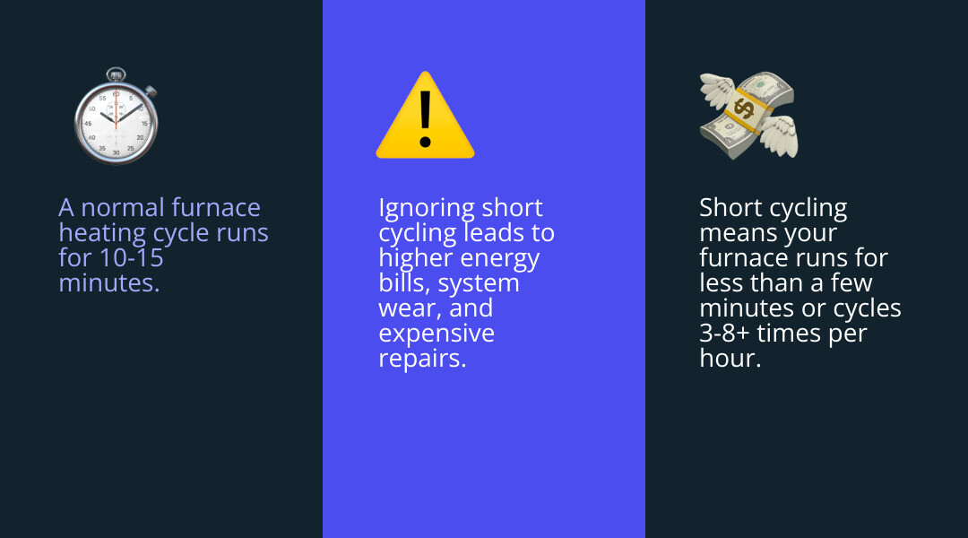 detailed infographic showing normal furnace cycle versus short cycling, with timeline bars indicating 10-15 minute normal cycles versus 2-3 minute short cycles, including temperature graph and visual indicators of system wear - furnace keeps stopping infographic 3_facts_emoji_blue detailed infographic showing normal furnace cycle versus short cycling, with timeline bars indicating 10-15 minute normal cycles versus 2-3 minute short cycles, including temperature graph and visual indicators of system wear - furnace keeps stopping infographic 3_facts_emoji_blue