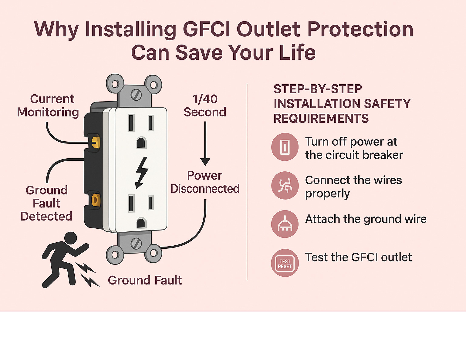 Detailed infographic showing GFCI outlet electrical safety mechanism - current monitoring between hot and neutral wires, ground fault detection within 1/40 second response time, automatic power disconnection to prevent shock and electrocution, with step-by-step installation safety requirements - installing gfci outlet infographic Detailed infographic showing GFCI outlet electrical safety mechanism - current monitoring between hot and neutral wires, ground fault detection within 1/40 second response time, automatic power disconnection to prevent shock and electrocution, with step-by-step installation safety requirements - installing gfci outlet infographic
