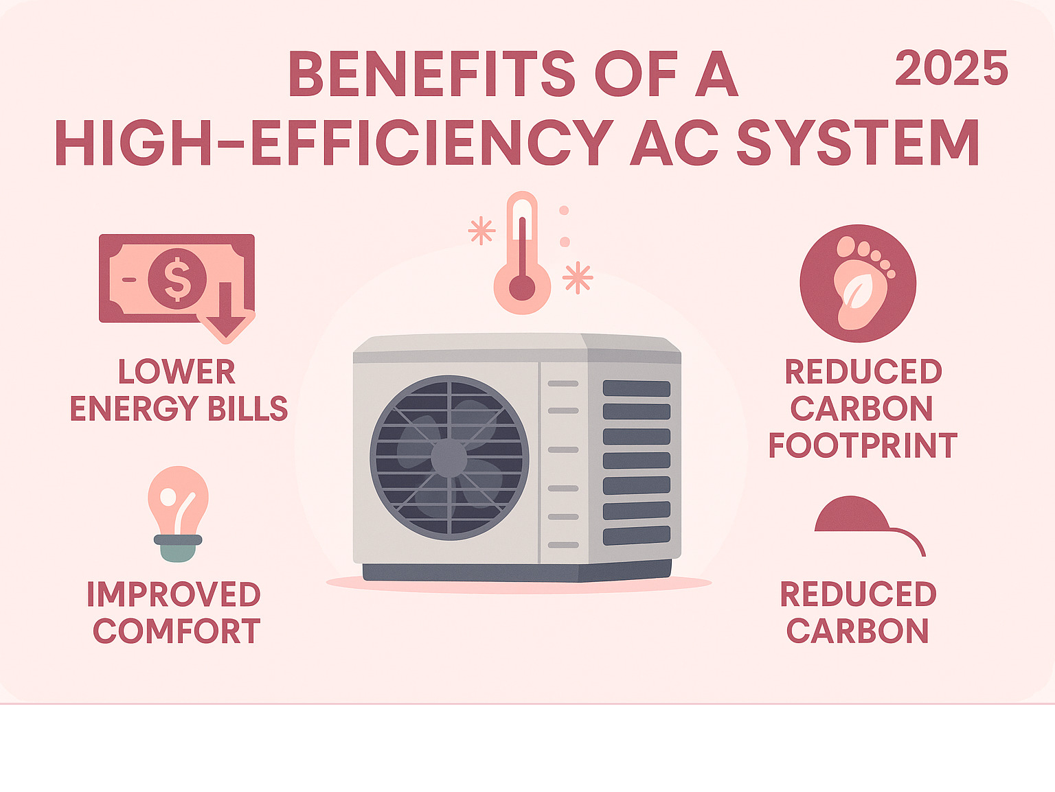 infographic showing the benefits of a high-efficiency AC system including lower energy bills, improved comfort, and reduced carbon footprint - air conditioner replacement cost infographic infographic showing the benefits of a high-efficiency AC system including lower energy bills, improved comfort, and reduced carbon footprint - air conditioner replacement cost infographic