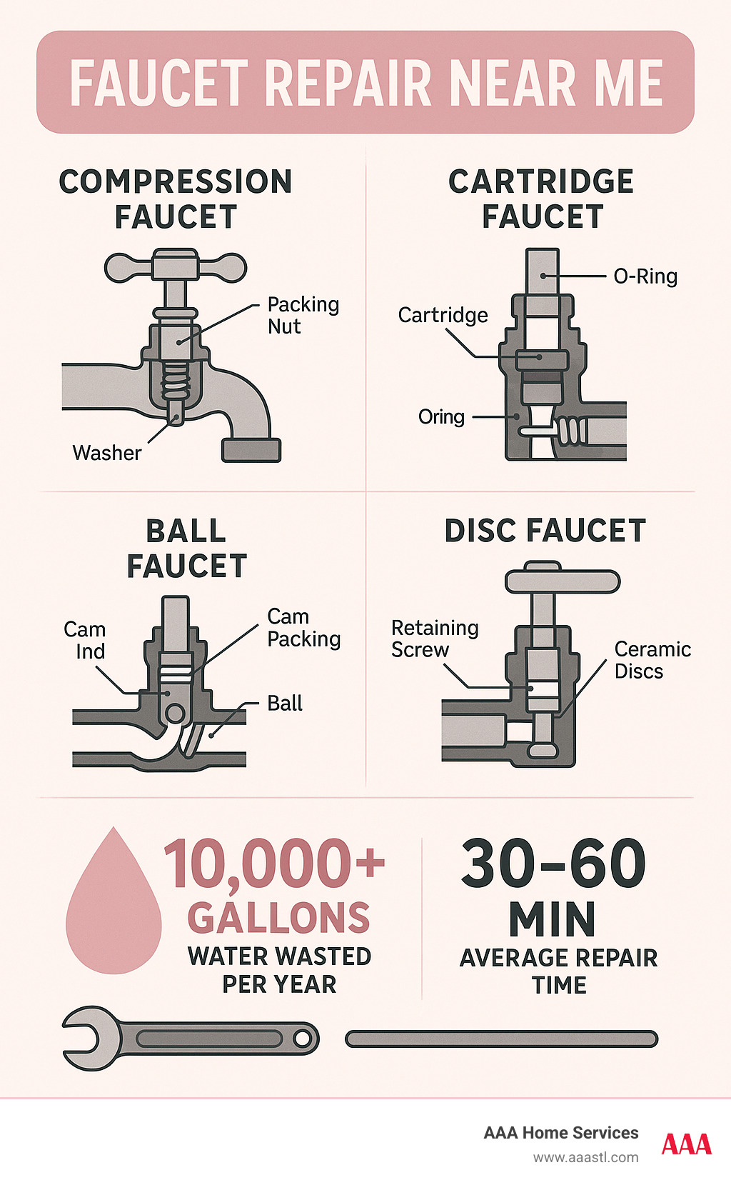 Leaky Faucet? Local Plumbers Ready to Help 2 Detailed infographic showing the anatomy of common faucet types (compression, cartridge, ball, and disc) with labeled parts that commonly fail, plus annual water waste statistics and average repair timeframes - faucet repair near me infographic