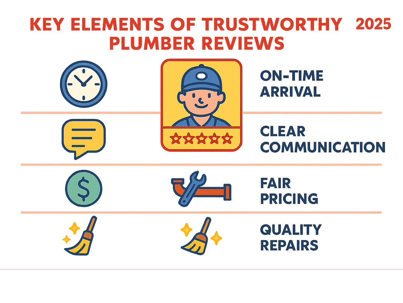Infographic showing key elements homeowners should look for in plumber reviews including on-time arrival, clear communication, quality repairs, and clean work areas - plumber reviews infographic Infographic showing key elements homeowners should look for in plumber reviews including on-time arrival, clear communication, quality repairs, and clean work areas - plumber reviews infographic